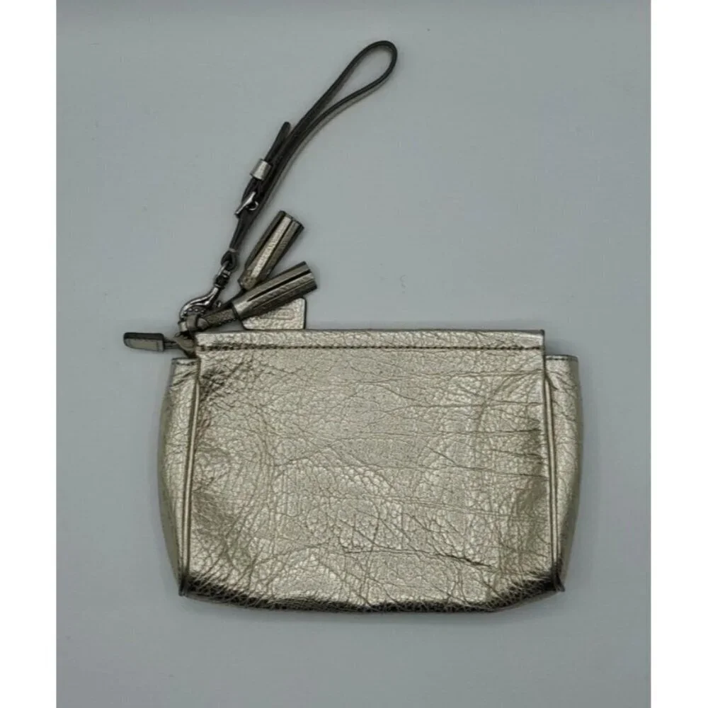 Coach Pebbled Gold Leather Small Zip Tassel Wristlet Removable Strap